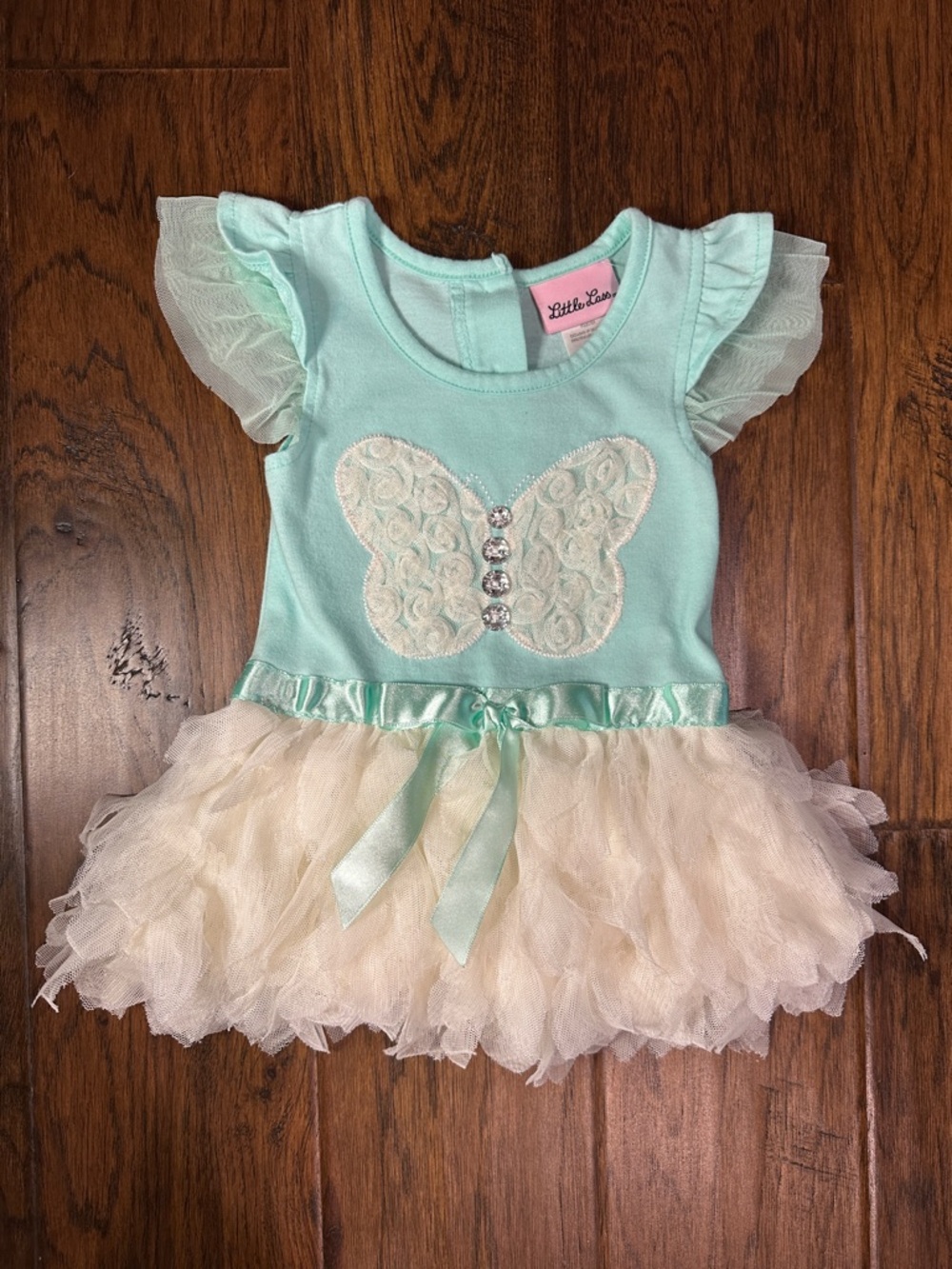 Little Lass Mint & Cream Butterfly Tutu Dress with Satin Bow